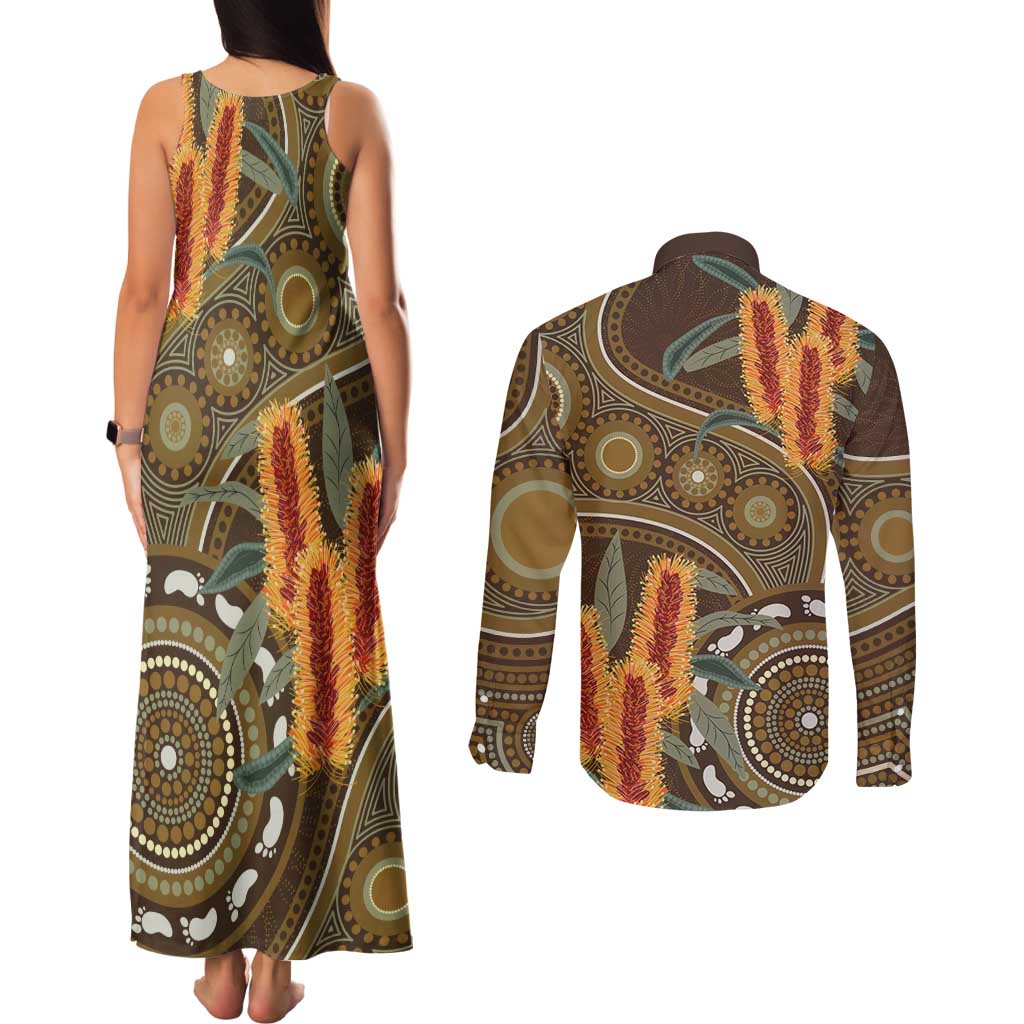 Australian Yellow Banksia Flowers Couples Matching Tank Maxi Dress and Long Sleeve Button Shirt Aboriginal Dot Art