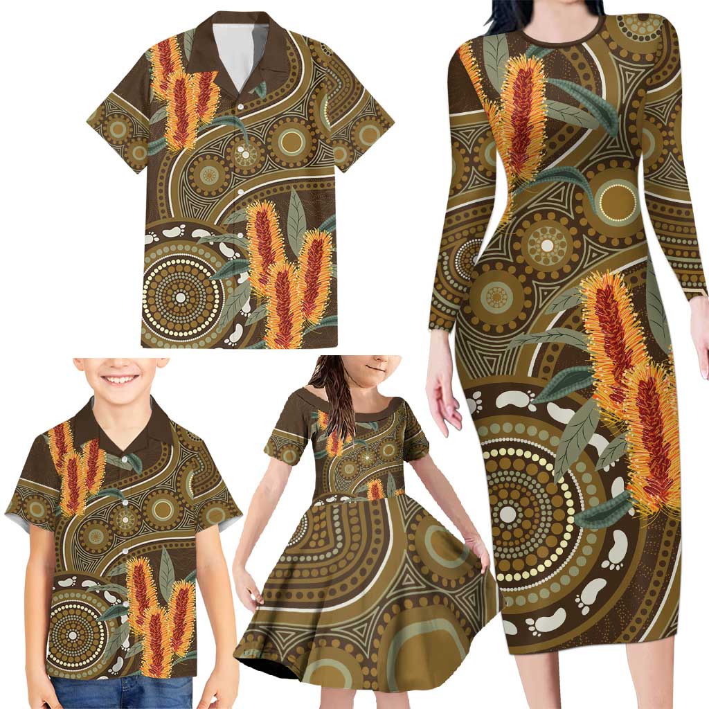 Australian Yellow Banksia Flowers Family Matching Long Sleeve Bodycon Dress and Hawaiian Shirt Aboriginal Dot Art