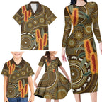 Australian Yellow Banksia Flowers Family Matching Long Sleeve Bodycon Dress and Hawaiian Shirt Aboriginal Dot Art