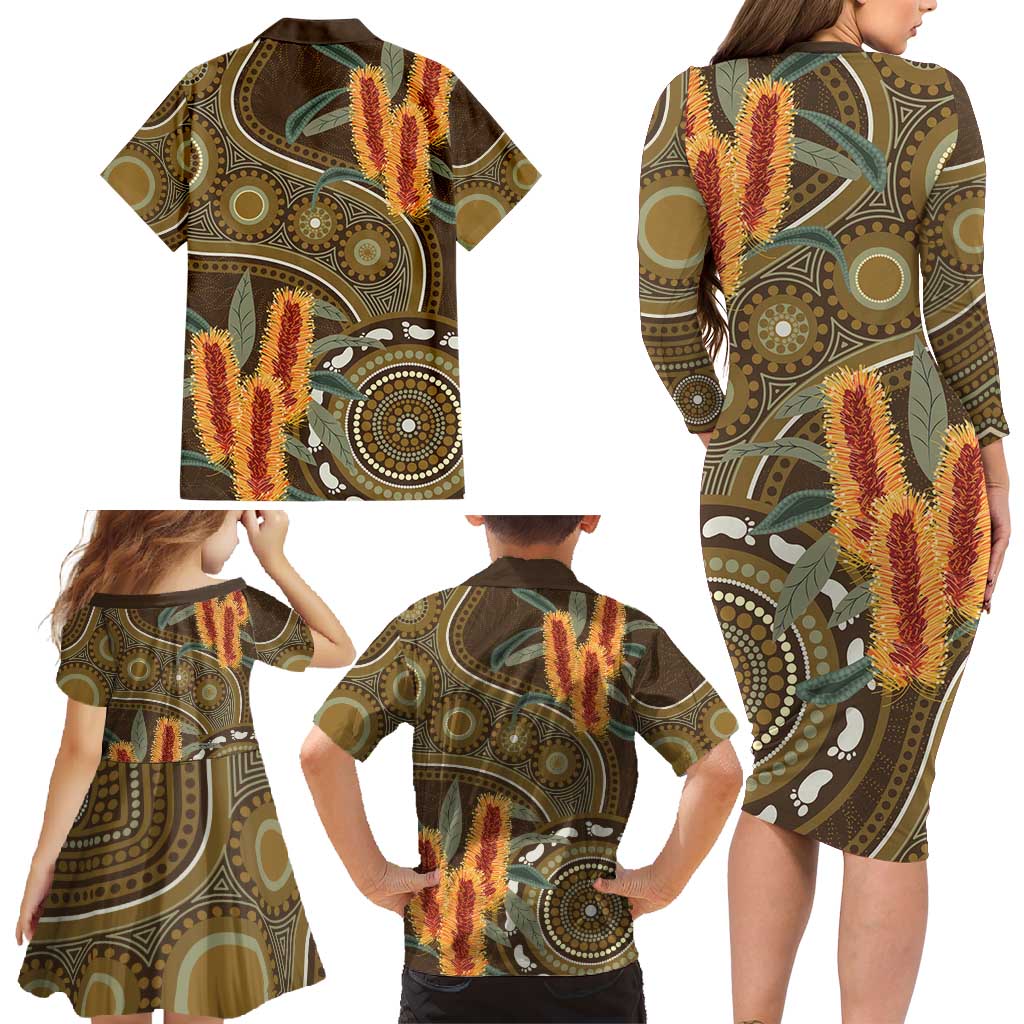 Australian Yellow Banksia Flowers Family Matching Long Sleeve Bodycon Dress and Hawaiian Shirt Aboriginal Dot Art