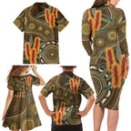 Australian Yellow Banksia Flowers Family Matching Long Sleeve Bodycon Dress and Hawaiian Shirt Aboriginal Dot Art