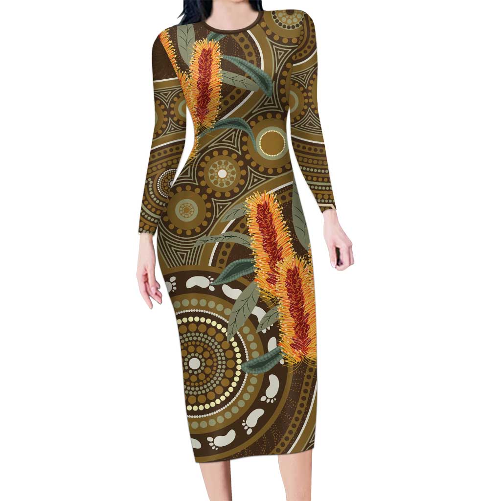 Australian Yellow Banksia Flowers Family Matching Long Sleeve Bodycon Dress and Hawaiian Shirt Aboriginal Dot Art