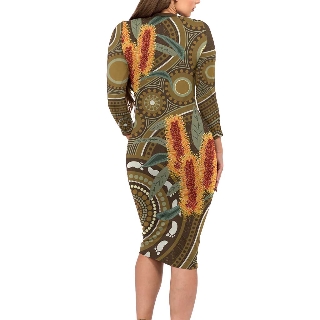 Australian Yellow Banksia Flowers Family Matching Long Sleeve Bodycon Dress and Hawaiian Shirt Aboriginal Dot Art