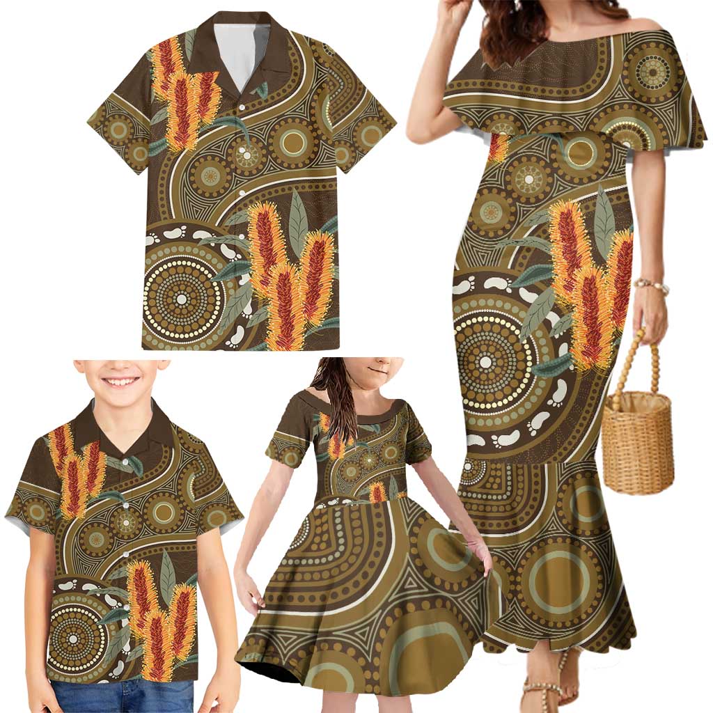 Australian Yellow Banksia Flowers Family Matching Mermaid Dress and Hawaiian Shirt Aboriginal Dot Art