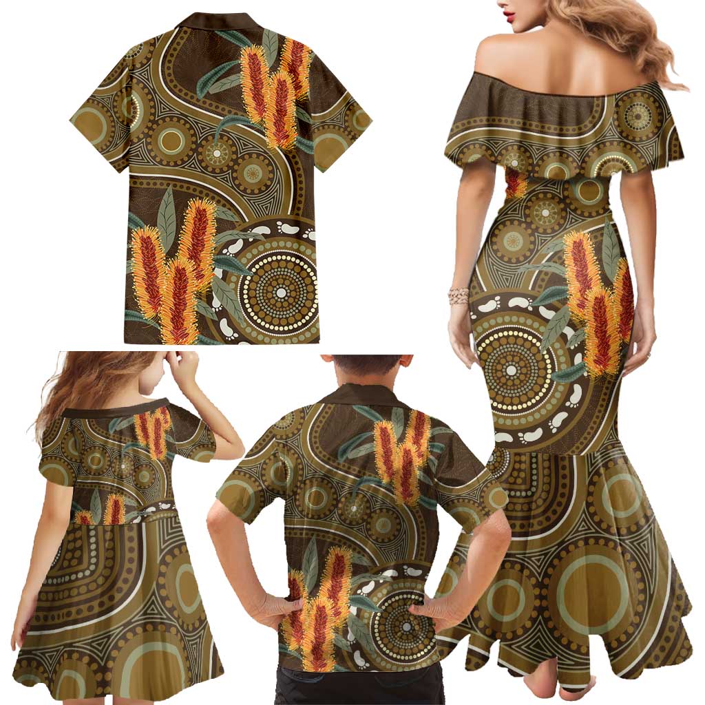Australian Yellow Banksia Flowers Family Matching Mermaid Dress and Hawaiian Shirt Aboriginal Dot Art
