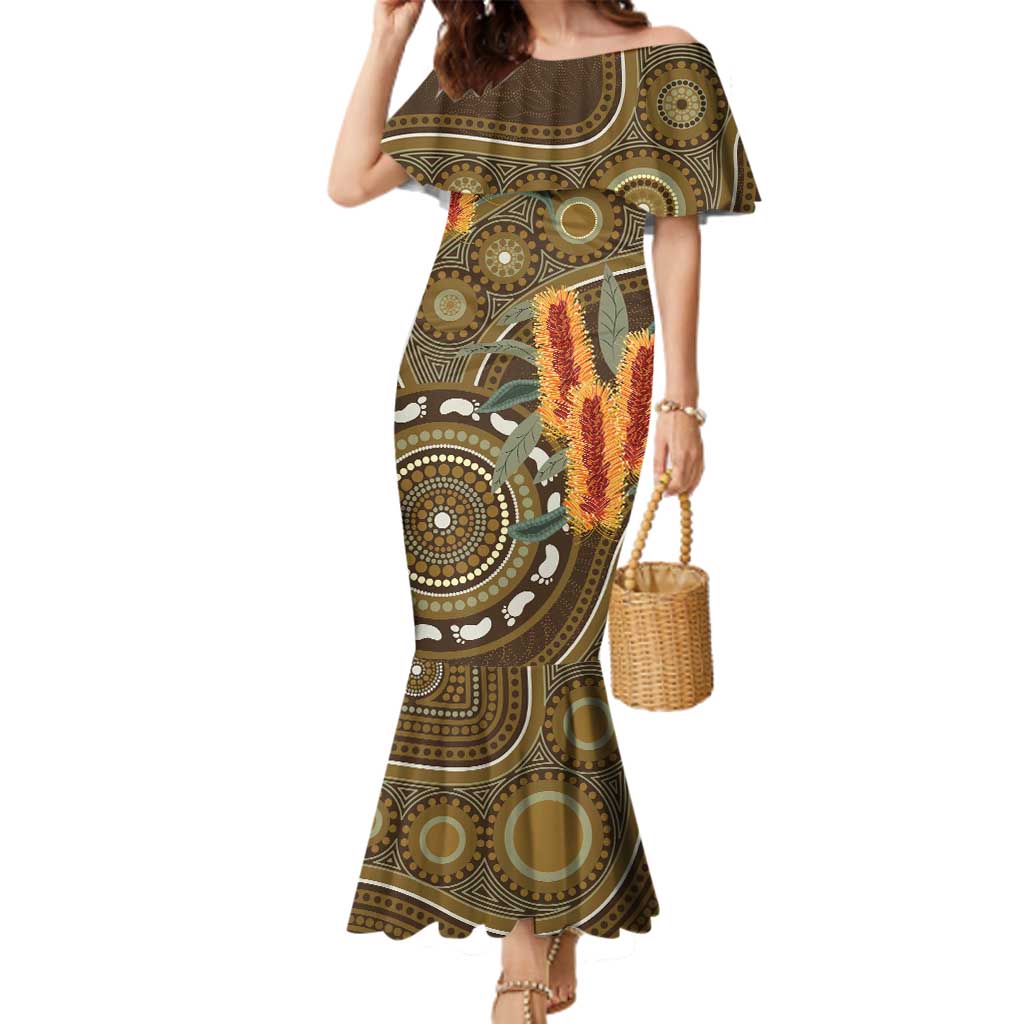 Australian Yellow Banksia Flowers Family Matching Mermaid Dress and Hawaiian Shirt Aboriginal Dot Art