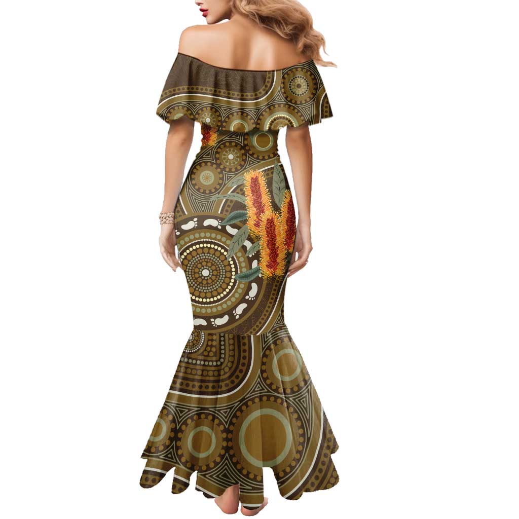 Australian Yellow Banksia Flowers Family Matching Mermaid Dress and Hawaiian Shirt Aboriginal Dot Art