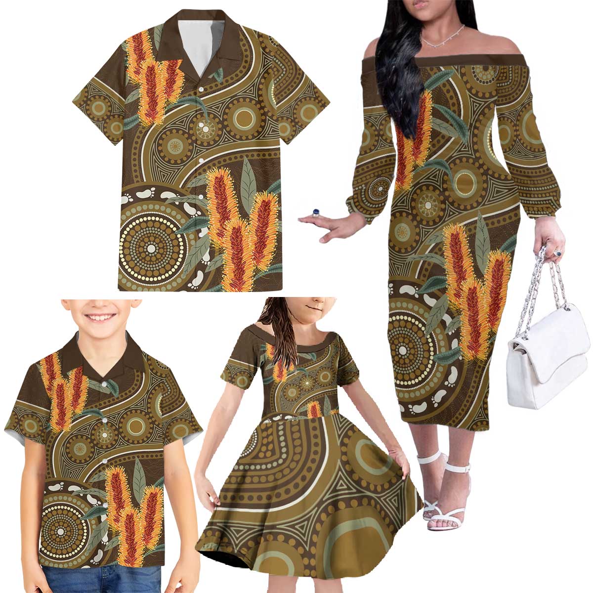 Australian Yellow Banksia Flowers Family Matching Off The Shoulder Long Sleeve Dress and Hawaiian Shirt Aboriginal Dot Art