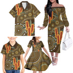 Australian Yellow Banksia Flowers Family Matching Off The Shoulder Long Sleeve Dress and Hawaiian Shirt Aboriginal Dot Art