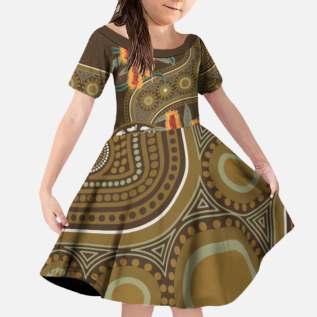 Australian Yellow Banksia Flowers Family Matching Off The Shoulder Long Sleeve Dress and Hawaiian Shirt Aboriginal Dot Art