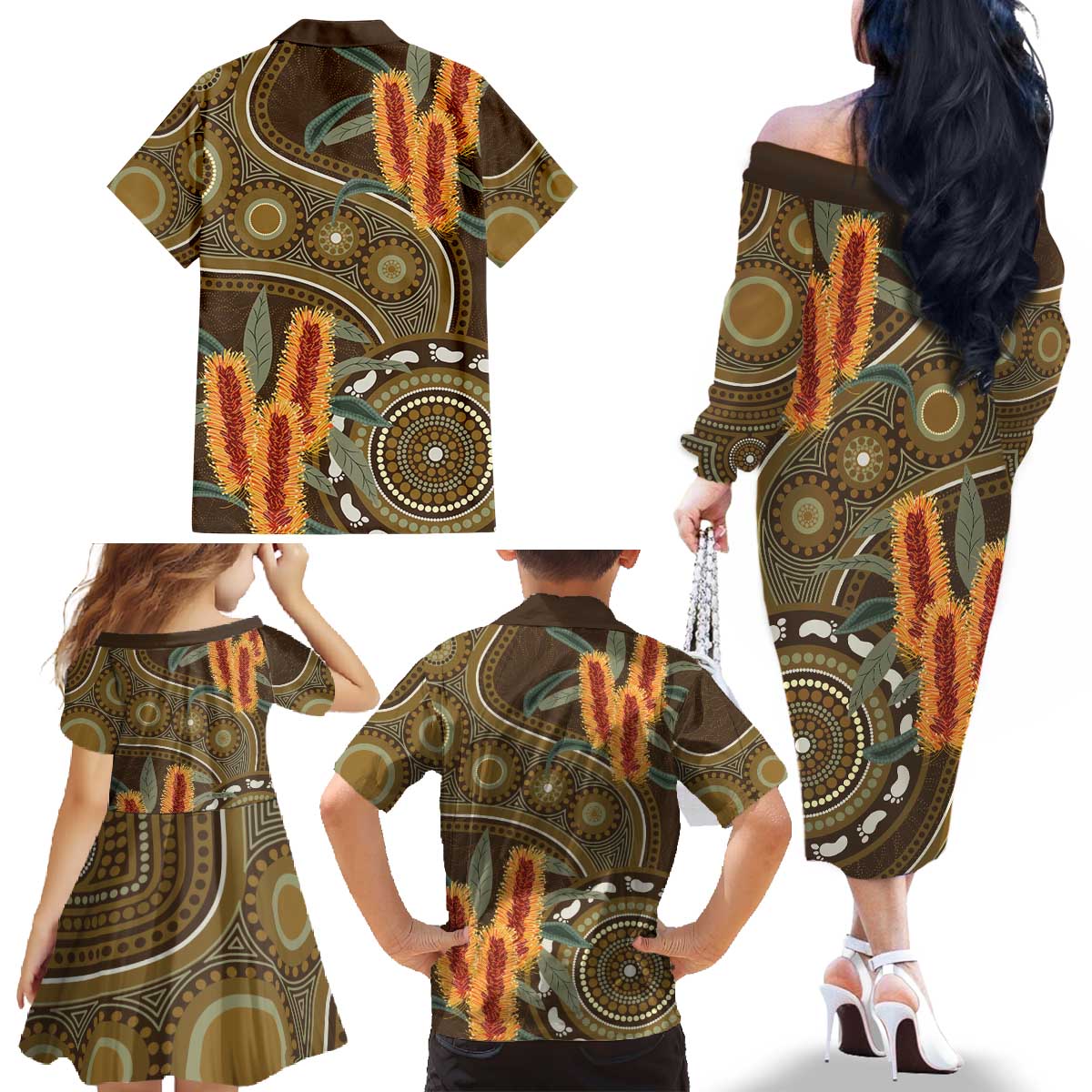 Australian Yellow Banksia Flowers Family Matching Off The Shoulder Long Sleeve Dress and Hawaiian Shirt Aboriginal Dot Art