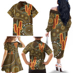 Australian Yellow Banksia Flowers Family Matching Off The Shoulder Long Sleeve Dress and Hawaiian Shirt Aboriginal Dot Art
