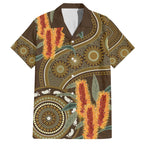 Australian Yellow Banksia Flowers Family Matching Off The Shoulder Long Sleeve Dress and Hawaiian Shirt Aboriginal Dot Art