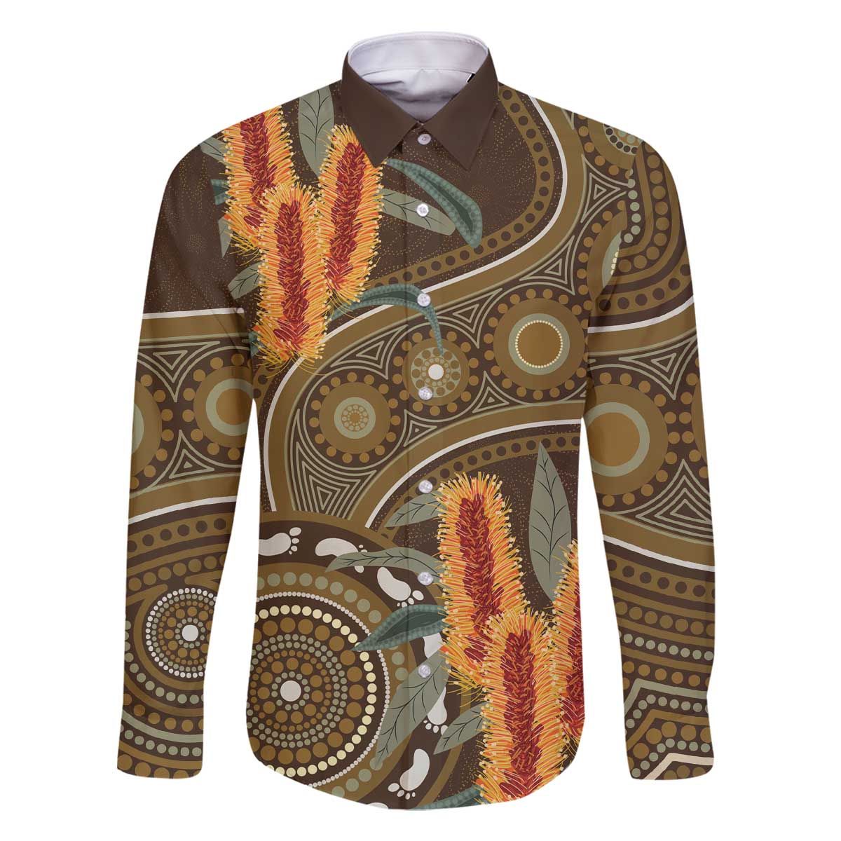 Australian Yellow Banksia Flowers Family Matching Off The Shoulder Long Sleeve Dress and Hawaiian Shirt Aboriginal Dot Art