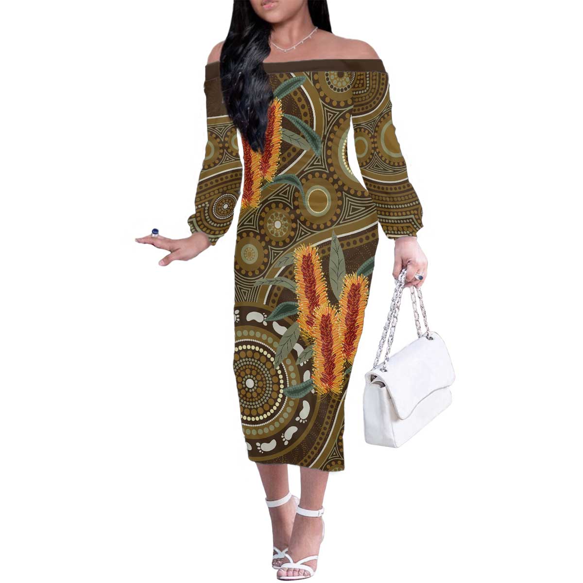 Australian Yellow Banksia Flowers Family Matching Off The Shoulder Long Sleeve Dress and Hawaiian Shirt Aboriginal Dot Art