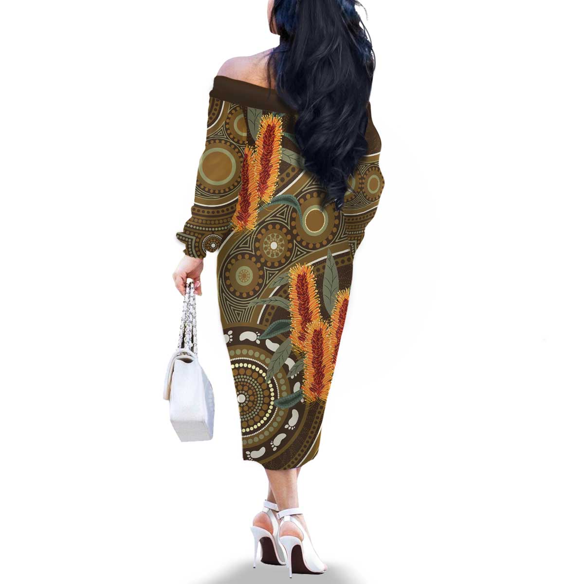 Australian Yellow Banksia Flowers Family Matching Off The Shoulder Long Sleeve Dress and Hawaiian Shirt Aboriginal Dot Art