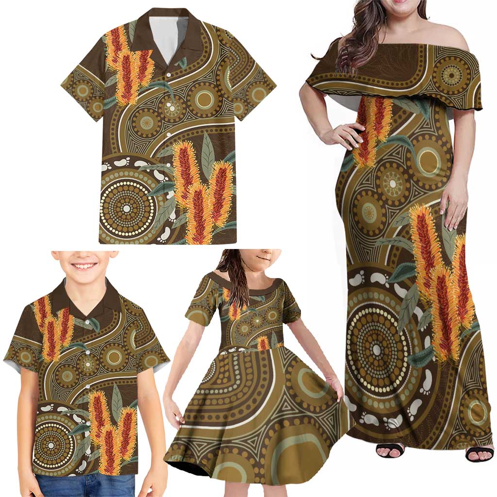 Australian Yellow Banksia Flowers Family Matching Off Shoulder Maxi Dress and Hawaiian Shirt Aboriginal Dot Art
