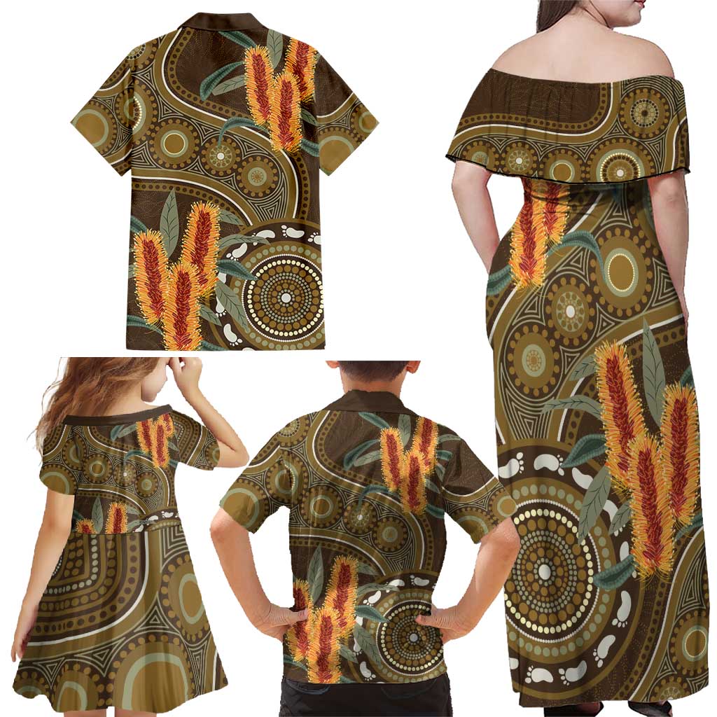 Australian Yellow Banksia Flowers Family Matching Off Shoulder Maxi Dress and Hawaiian Shirt Aboriginal Dot Art