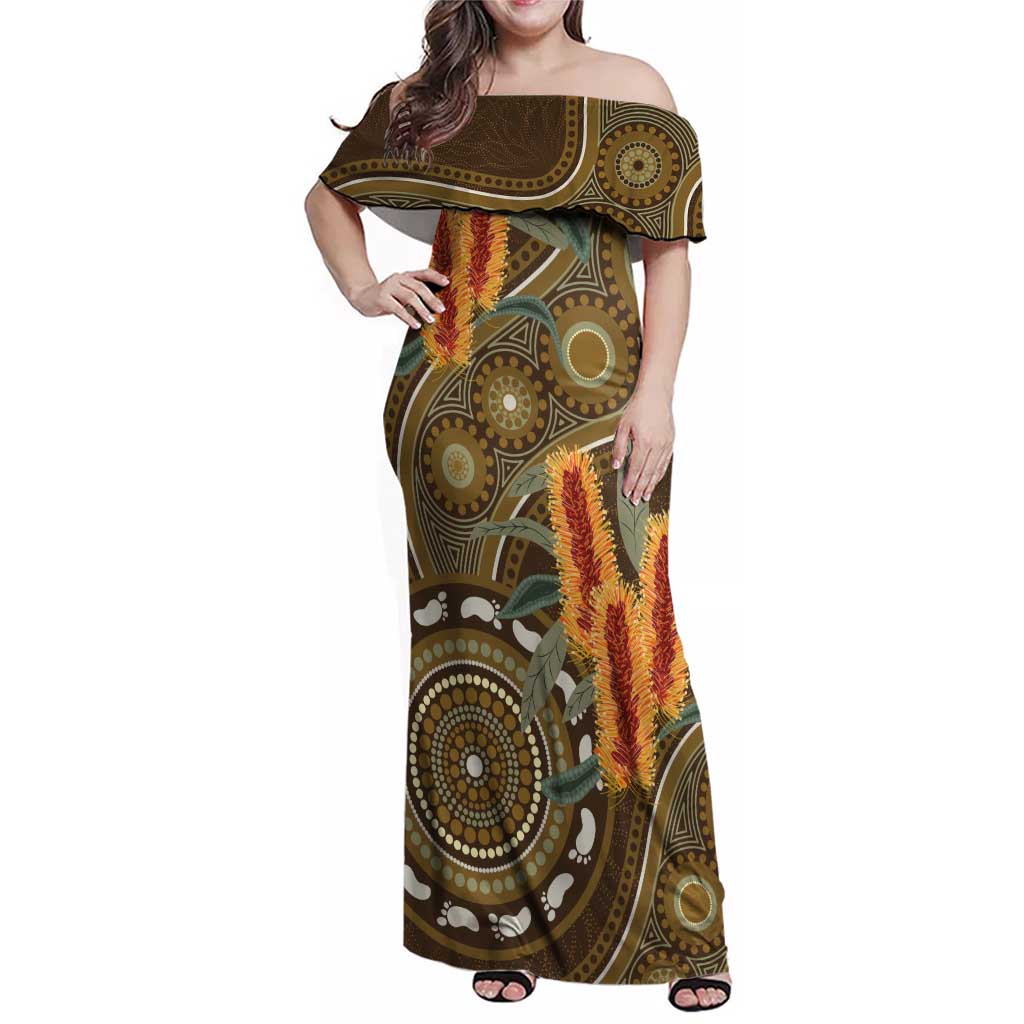 Australian Yellow Banksia Flowers Family Matching Off Shoulder Maxi Dress and Hawaiian Shirt Aboriginal Dot Art