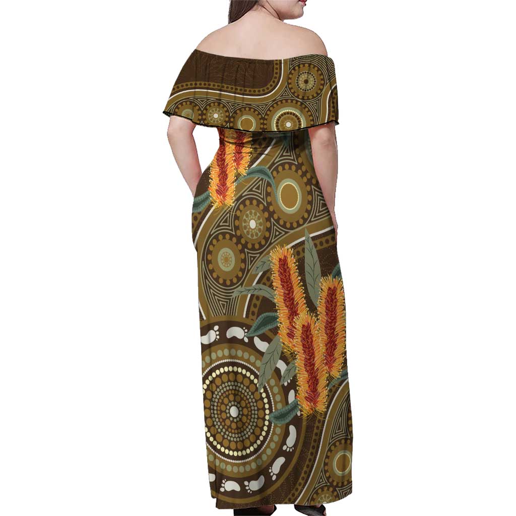 Australian Yellow Banksia Flowers Family Matching Off Shoulder Maxi Dress and Hawaiian Shirt Aboriginal Dot Art