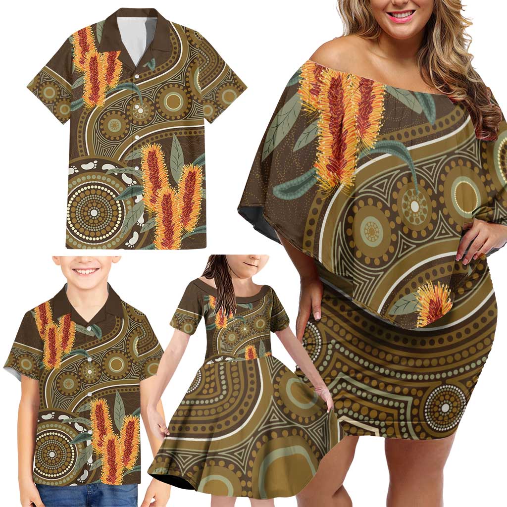 Australian Yellow Banksia Flowers Family Matching Off Shoulder Short Dress and Hawaiian Shirt Aboriginal Dot Art