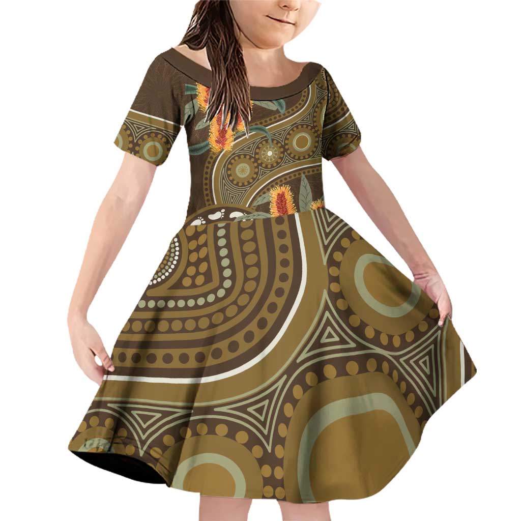 Australian Yellow Banksia Flowers Family Matching Off Shoulder Short Dress and Hawaiian Shirt Aboriginal Dot Art