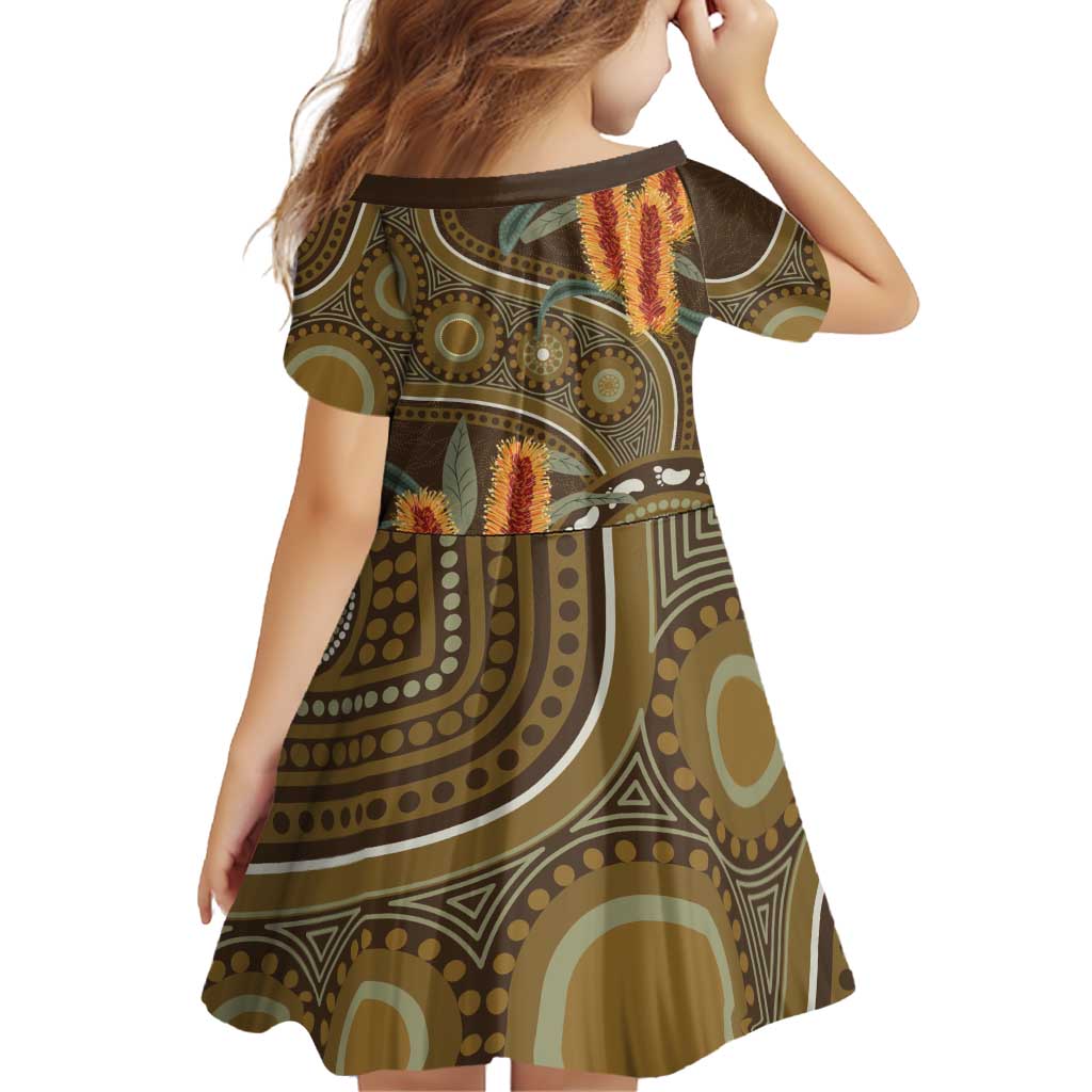 Australian Yellow Banksia Flowers Family Matching Off Shoulder Short Dress and Hawaiian Shirt Aboriginal Dot Art