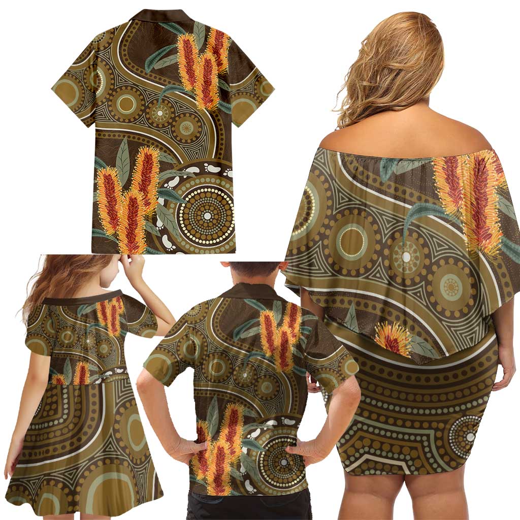 Australian Yellow Banksia Flowers Family Matching Off Shoulder Short Dress and Hawaiian Shirt Aboriginal Dot Art