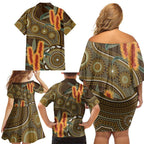 Australian Yellow Banksia Flowers Family Matching Off Shoulder Short Dress and Hawaiian Shirt Aboriginal Dot Art