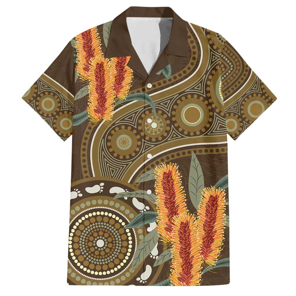 Australian Yellow Banksia Flowers Family Matching Off Shoulder Short Dress and Hawaiian Shirt Aboriginal Dot Art