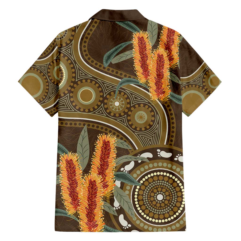 Australian Yellow Banksia Flowers Family Matching Off Shoulder Short Dress and Hawaiian Shirt Aboriginal Dot Art