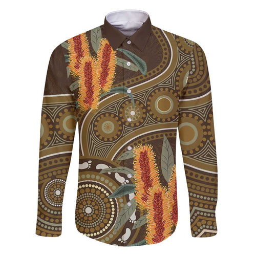Australian Yellow Banksia Flowers Family Matching Off Shoulder Short Dress and Hawaiian Shirt Aboriginal Dot Art
