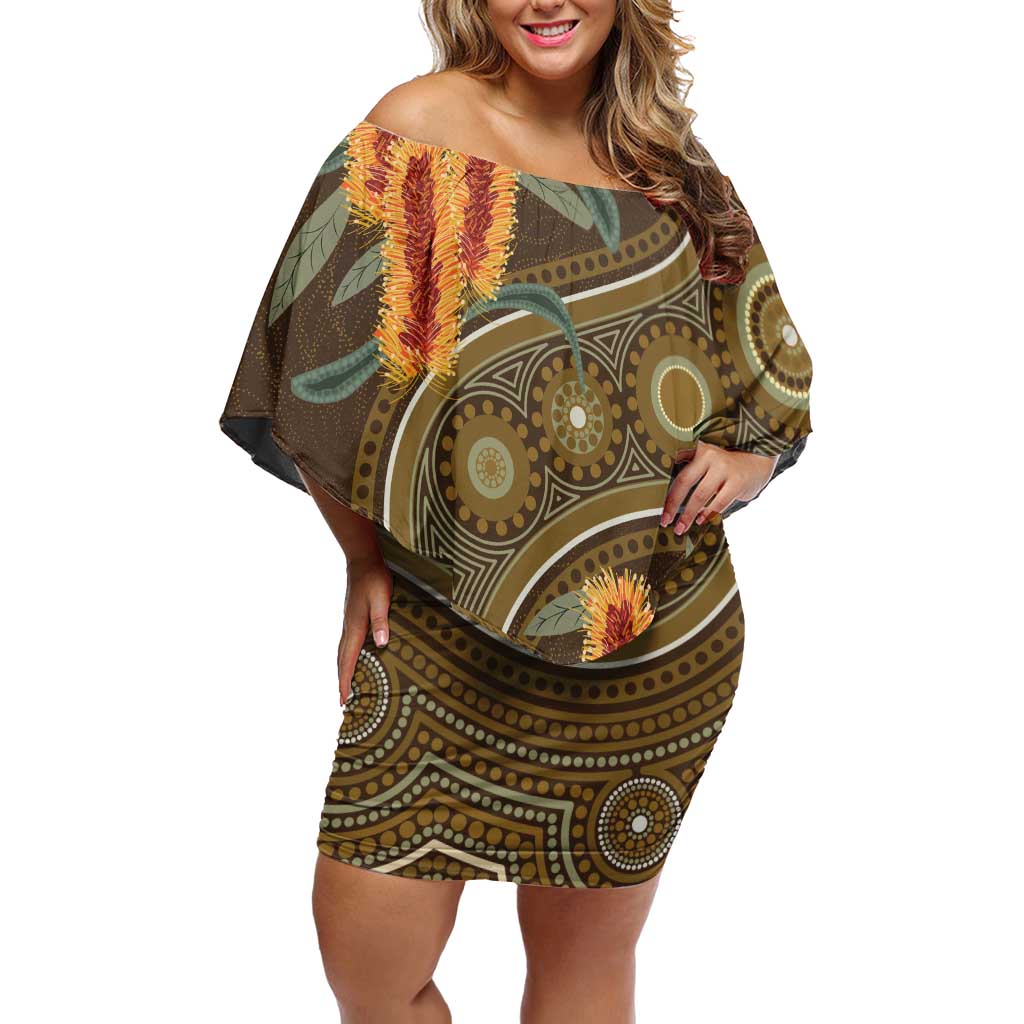 Australian Yellow Banksia Flowers Family Matching Off Shoulder Short Dress and Hawaiian Shirt Aboriginal Dot Art