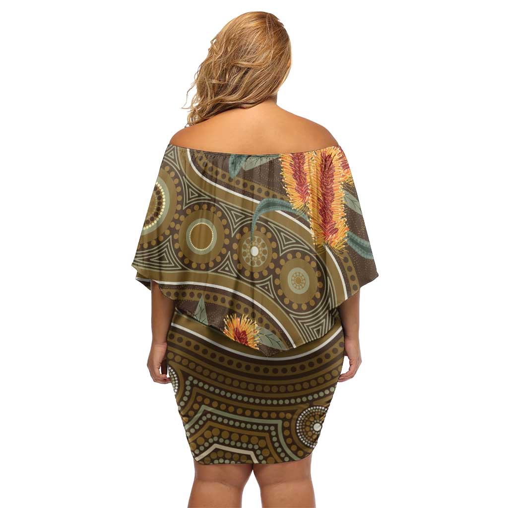 Australian Yellow Banksia Flowers Family Matching Off Shoulder Short Dress and Hawaiian Shirt Aboriginal Dot Art
