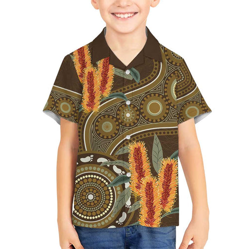 Australian Yellow Banksia Flowers Family Matching Off Shoulder Short Dress and Hawaiian Shirt Aboriginal Dot Art