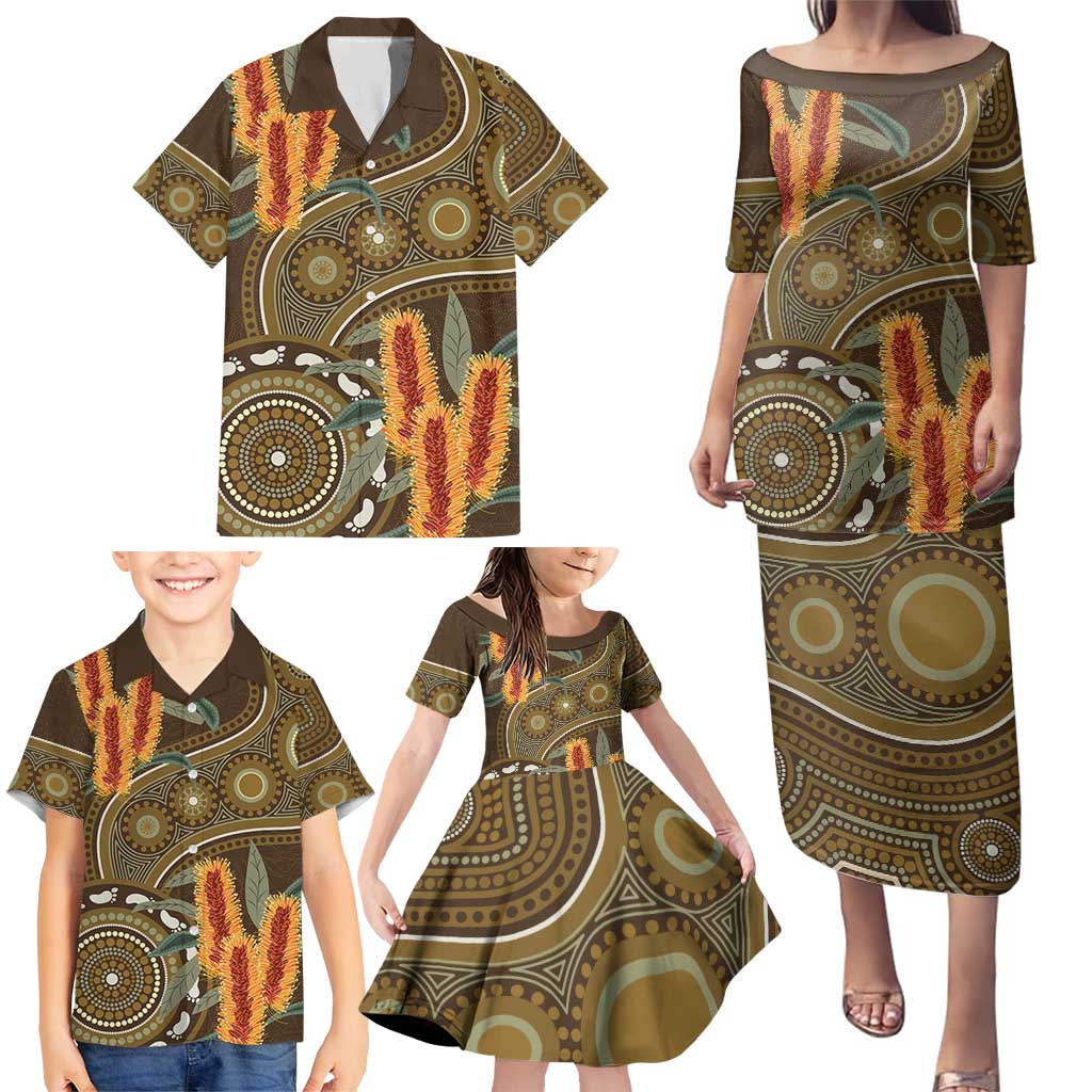 Australian Yellow Banksia Flowers Family Matching Puletasi and Hawaiian Shirt Aboriginal Dot Art