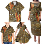 Australian Yellow Banksia Flowers Family Matching Puletasi and Hawaiian Shirt Aboriginal Dot Art