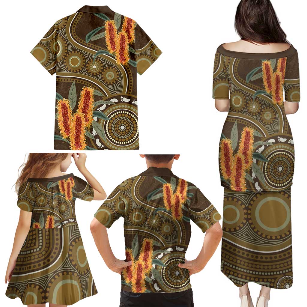 Australian Yellow Banksia Flowers Family Matching Puletasi and Hawaiian Shirt Aboriginal Dot Art