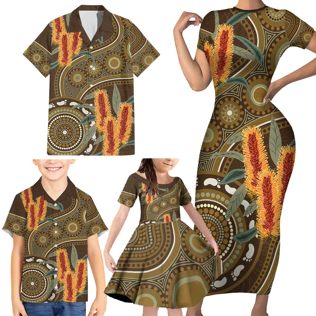 Australian Yellow Banksia Flowers Family Matching Short Sleeve Bodycon Dress and Hawaiian Shirt Aboriginal Dot Art