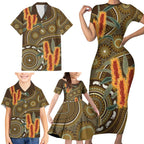 Australian Yellow Banksia Flowers Family Matching Short Sleeve Bodycon Dress and Hawaiian Shirt Aboriginal Dot Art