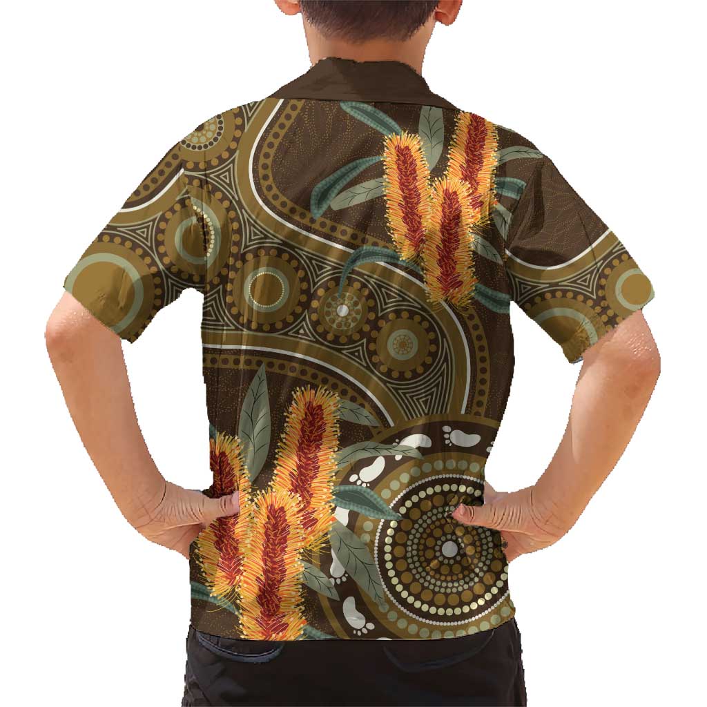 Australian Yellow Banksia Flowers Family Matching Short Sleeve Bodycon Dress and Hawaiian Shirt Aboriginal Dot Art