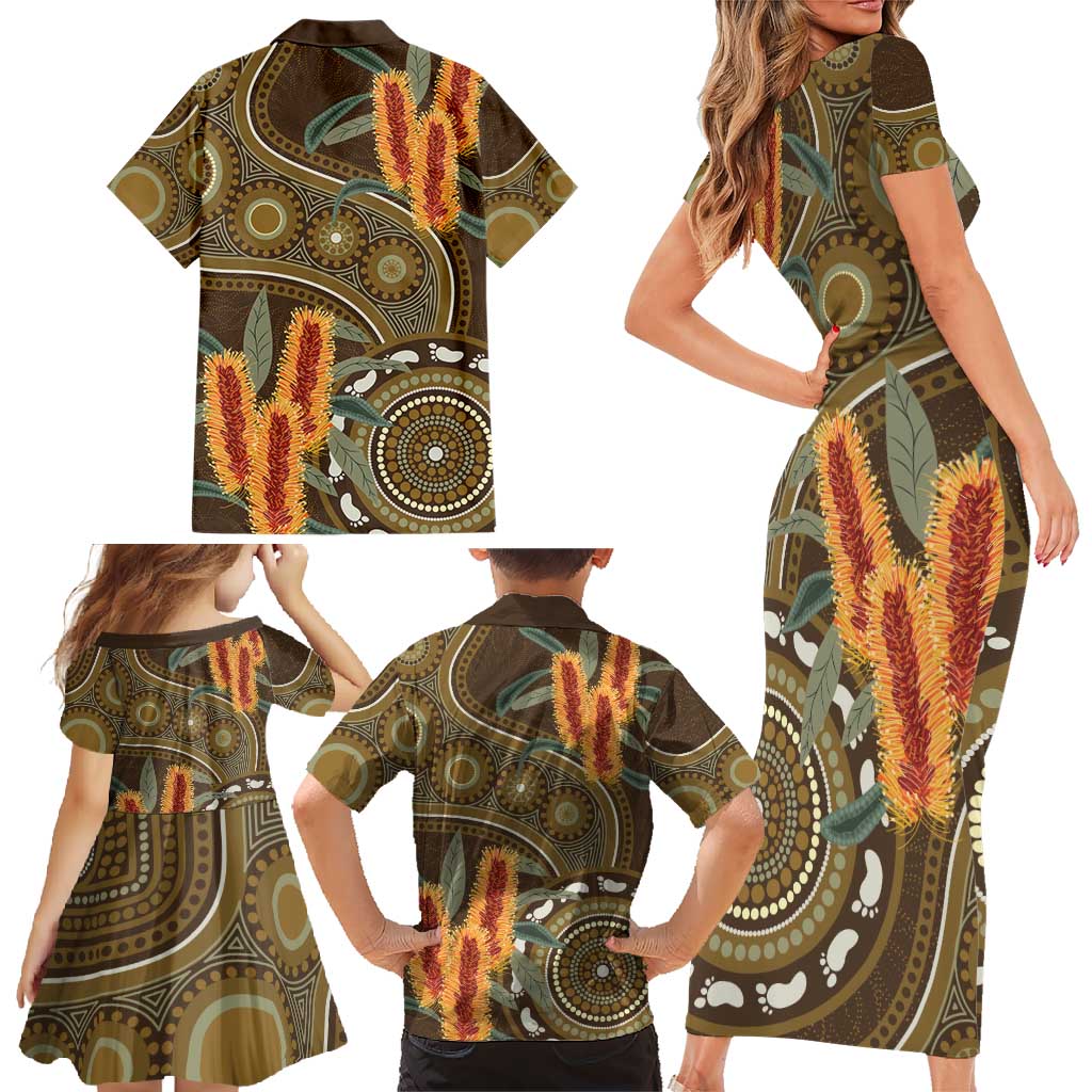 Australian Yellow Banksia Flowers Family Matching Short Sleeve Bodycon Dress and Hawaiian Shirt Aboriginal Dot Art