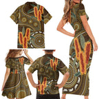 Australian Yellow Banksia Flowers Family Matching Short Sleeve Bodycon Dress and Hawaiian Shirt Aboriginal Dot Art