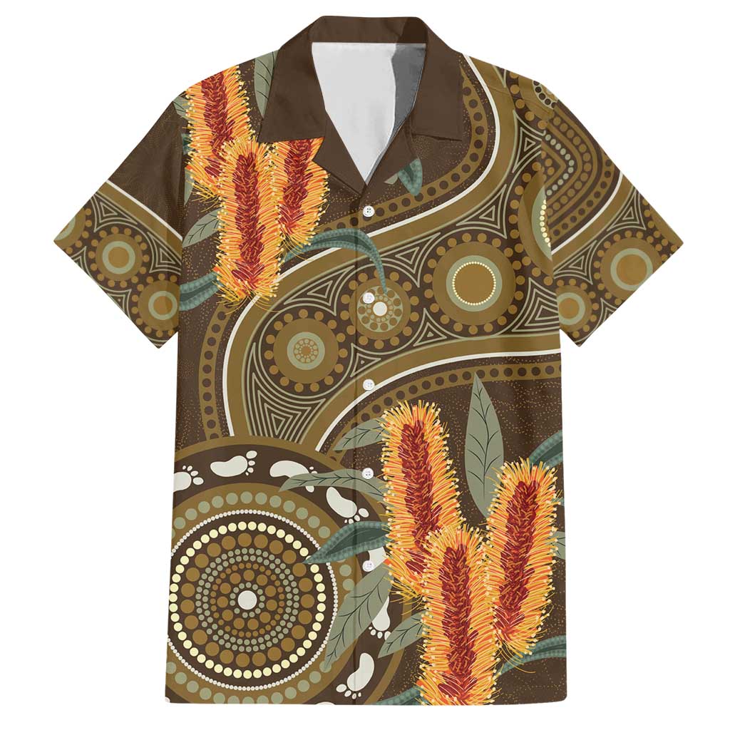 Australian Yellow Banksia Flowers Family Matching Short Sleeve Bodycon Dress and Hawaiian Shirt Aboriginal Dot Art