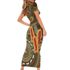 Australian Yellow Banksia Flowers Family Matching Short Sleeve Bodycon Dress and Hawaiian Shirt Aboriginal Dot Art