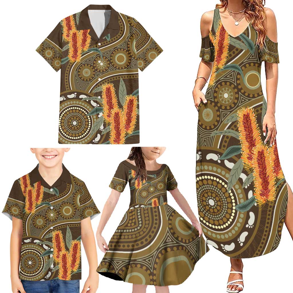 Australian Yellow Banksia Flowers Family Matching Summer Maxi Dress and Hawaiian Shirt Aboriginal Dot Art