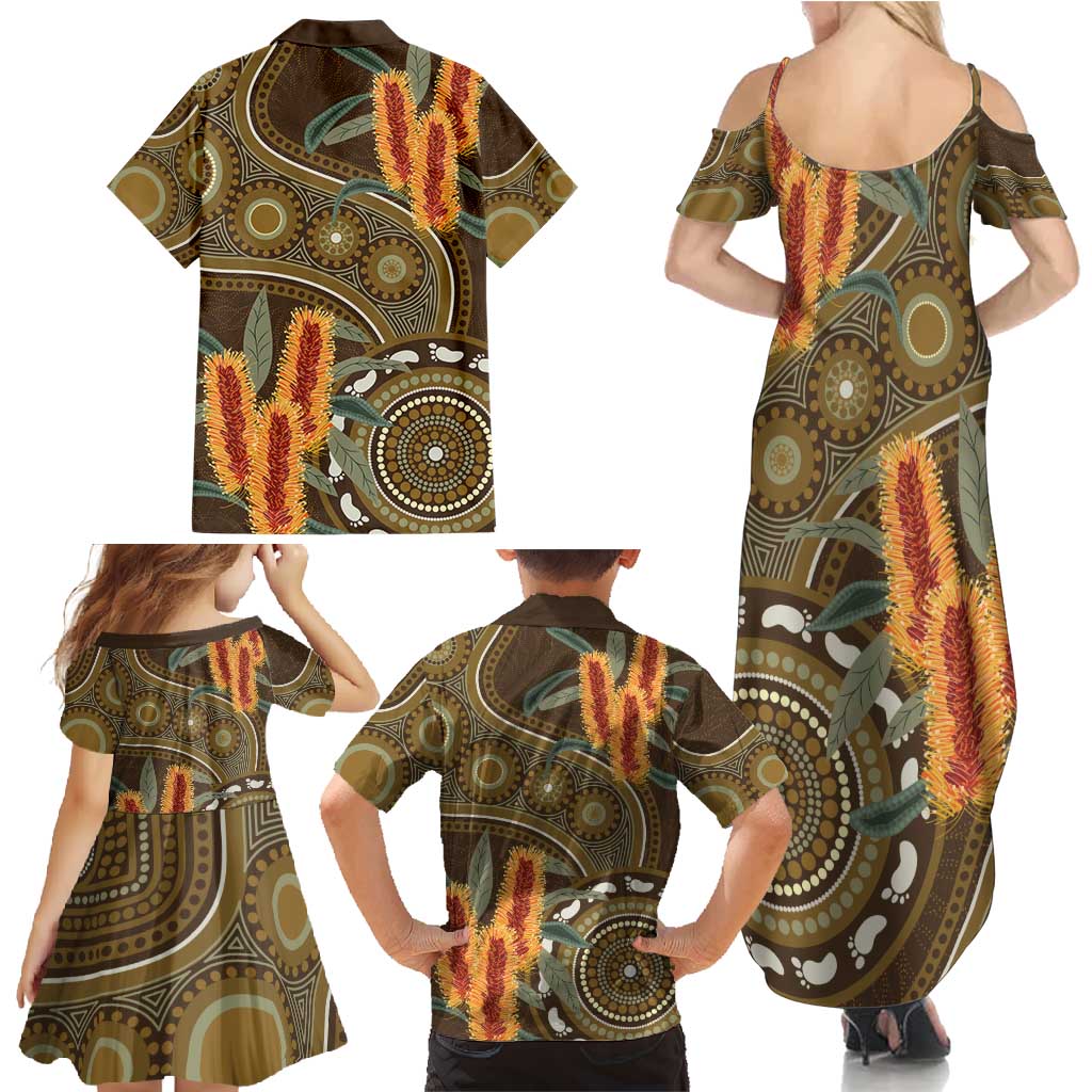 Australian Yellow Banksia Flowers Family Matching Summer Maxi Dress and Hawaiian Shirt Aboriginal Dot Art