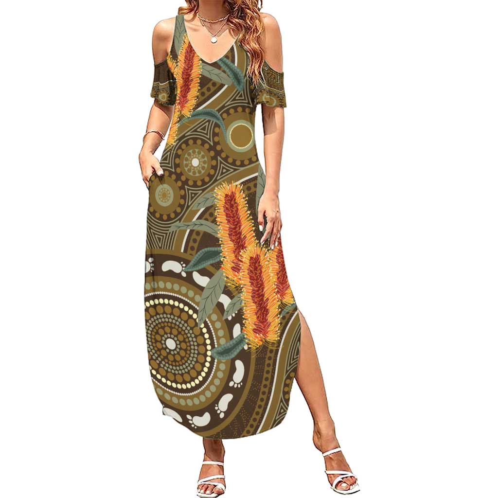 Australian Yellow Banksia Flowers Family Matching Summer Maxi Dress and Hawaiian Shirt Aboriginal Dot Art