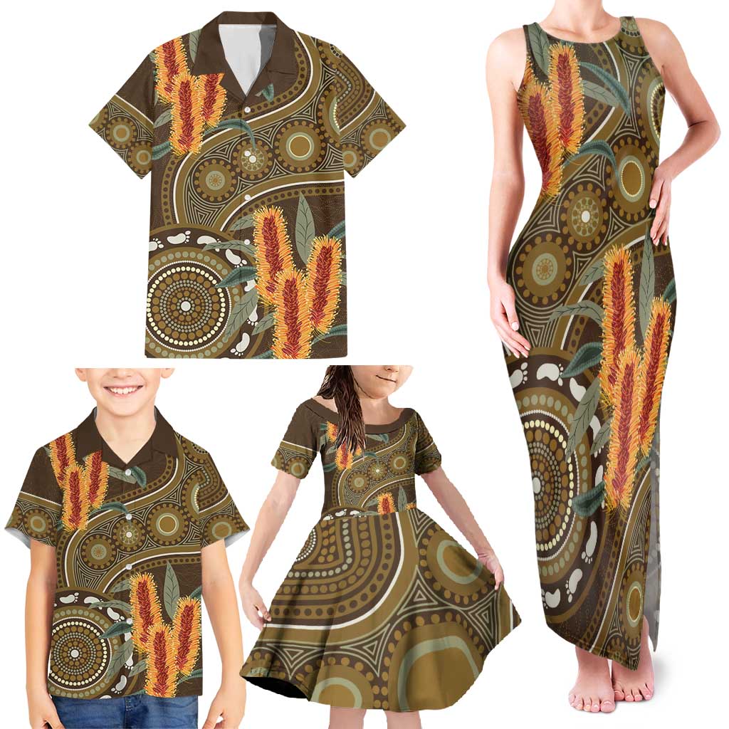 Australian Yellow Banksia Flowers Family Matching Tank Maxi Dress and Hawaiian Shirt Aboriginal Dot Art