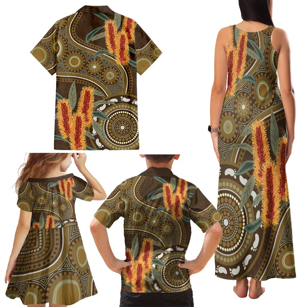Australian Yellow Banksia Flowers Family Matching Tank Maxi Dress and Hawaiian Shirt Aboriginal Dot Art